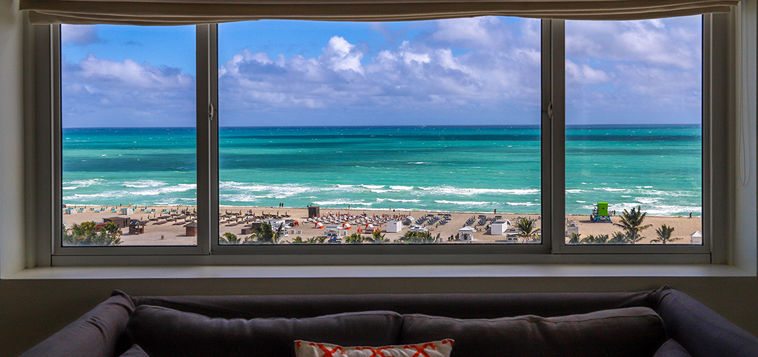Nautilus suite room window view of beach and ocean