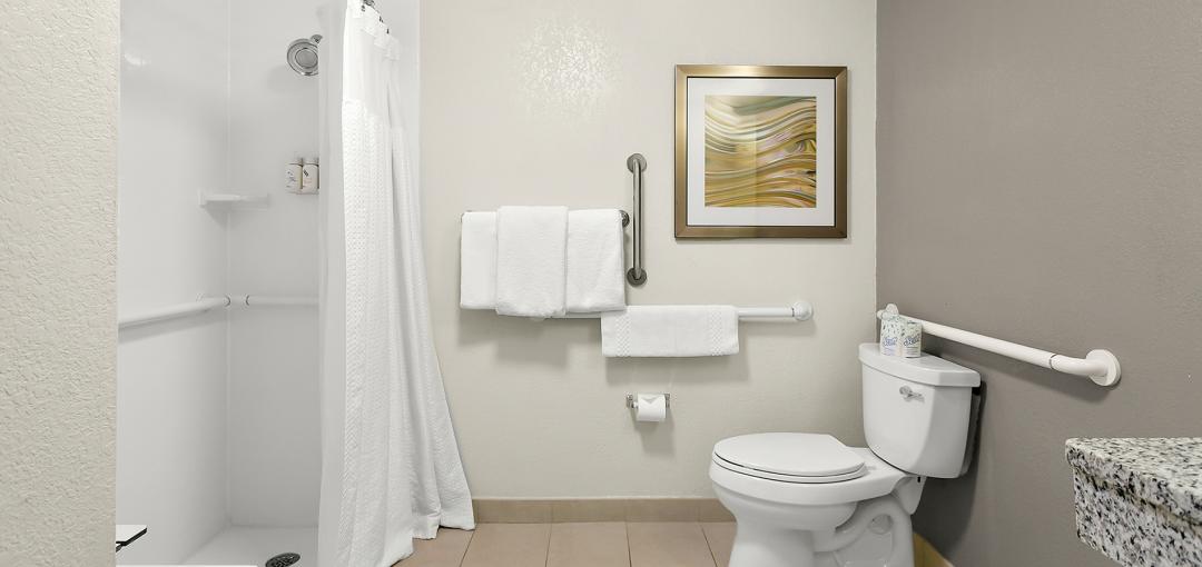 An accessible bathroom at the Sonesta Select Greenbelt College Park hotel.