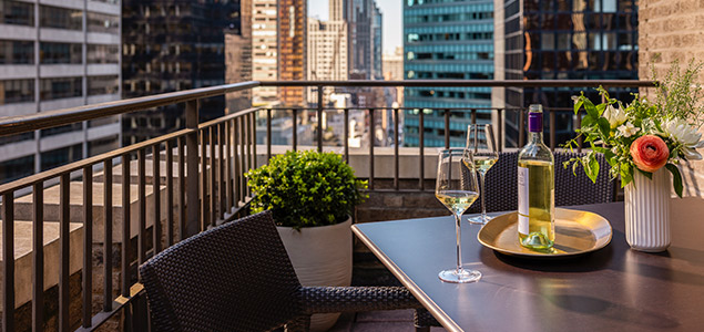 Wine and Balcony view at The Benjamin Royal Sonesta New York