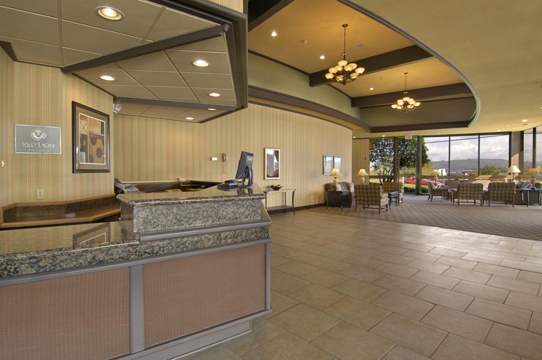 Lobby with views of local hills