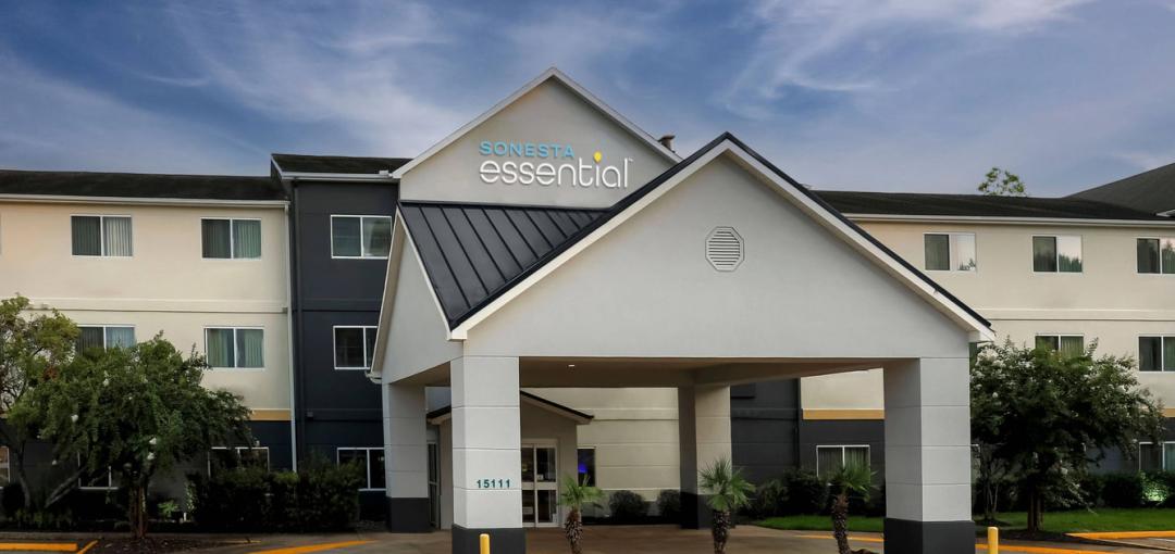The exterior and entrance of the Sonesta Essential Houston Energy Corridor hotel.
